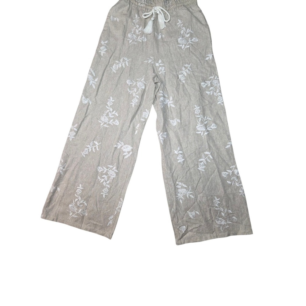 Beige Linen Blend Wide-Leg Floral‎ Embroidered Pull On Boho Beach Pants S NWT